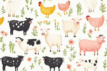 Seamless pattern of farm animals in a playful and colorful design, including cows, pigs, and chickens on a vibrant background.