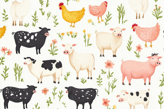 Seamless pattern of farm animals in a playful and colorful design, including cows, pigs, and chickens on a vibrant background.