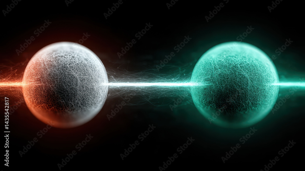 Aufkleber visualization of interconnected orbs demonstrating non-local entanglement across cosmic distances