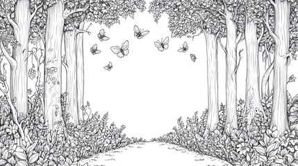 Detailed forest path, butterflies, coloring book, artistic design, coloring page