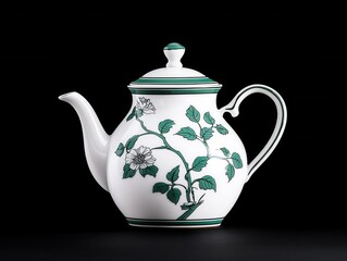 Elegant white teapot with green floral design, lid, and handle, isolated on black background