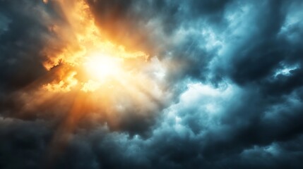 Fototapeta premium Dramatic Sky with Orange and Blue Clouds and Bright Sunlight