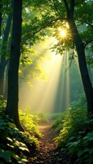 Obraz premium Bright morning sunlight filtering through dense canopy, creating ethereal glow , magical, peaceful, morning