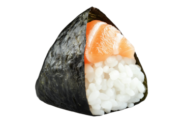 Japanese salmon onigiri rice ball wrapped in nori seaweed, isolated on white transparent background, showcasing traditional Asian cuisine concept