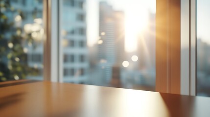 Empty Wooden Table With City Sunrise View Through Office Window