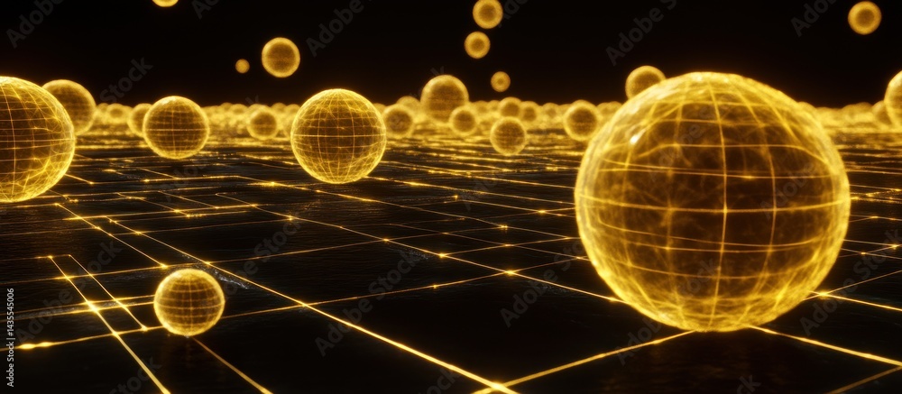 Poster conceptual representation of networked global data transmission and golden spheres floating above a 
