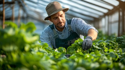 Hardworking farmer cultivating lush green leafy vegetables in greenhouse man eco grow food soil crop