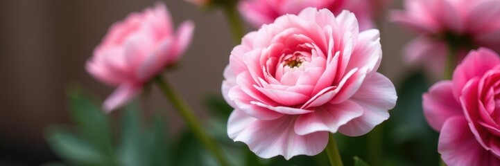 Close-up of richly colored pink and white ranunculus blossoms , botany, flower, closeup