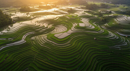 Aerial view of terraced rice fields with water reflection. Agricultural landscape. Traditional farming method. Environmental sustainability. Cultural heritage. Rural Asian countryside.