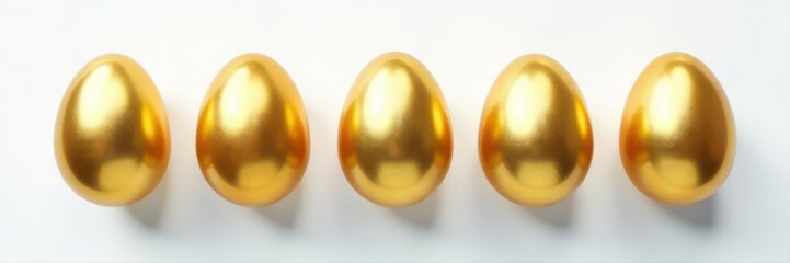 Golden Easter eggs in a row on white Minimalist design, top view , sweet, pastel