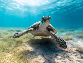 Underwater close-up of a sea turtle gracefully swimming over a sandy seabed with seagrass