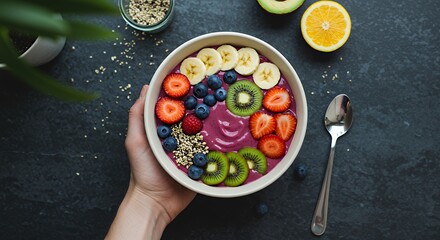 Holding Healthy Smoothie Bowl Topped with Fresh Fruit and Seeds
