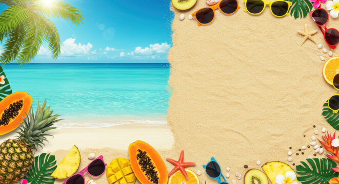 Tropical beach scene with colorful fruits and sunglasses framing sand background. Summer vacation. Beach party essentials. Fresh tropical produce display. Holiday refreshment. Travel accessories