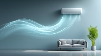 Fototapeta na wymiar Minimalist Living Room with Flowing Air Conditioner Breeze