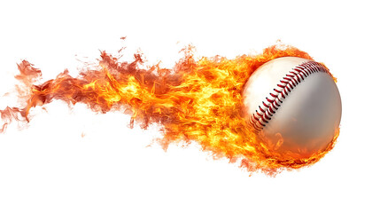 Burning baseball ball flying with flames isolated on white and transparent background, cut out png
