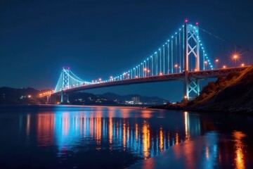 Naklejka premium Night bridge light trails reflecting on water, bridge, speed