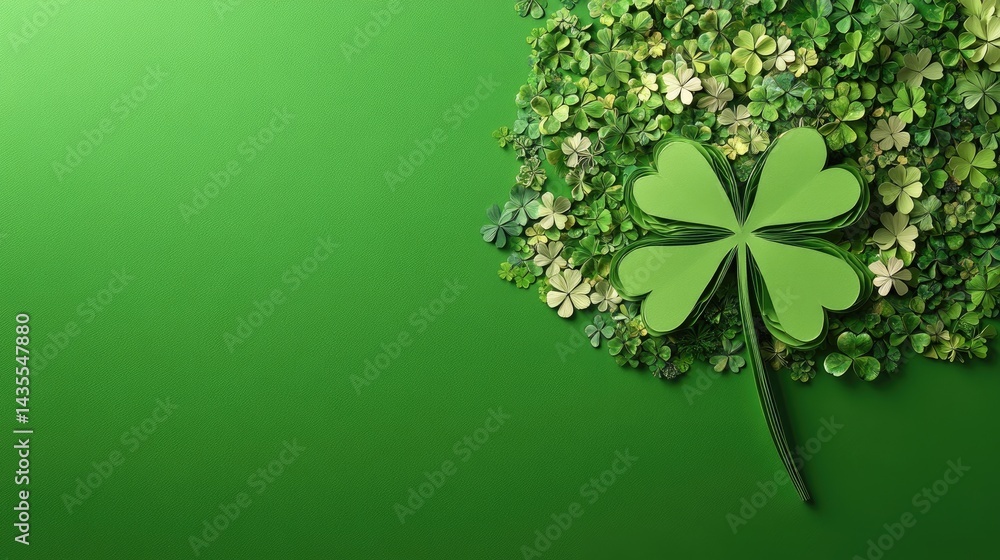 Poster artistic flat lay of paper shamrock silhouette with textured and decorative clovers filling the spac