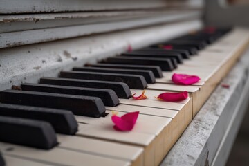 Vintage piano adorned with rose petals in a serene setting, showcasing beauty and nostalgia