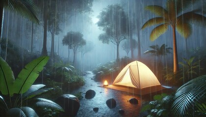 Serene Camping Scene with Rain in Tropical Forest - Generative AI
