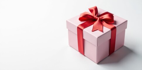 Fototapeta premium Square gift box with satin ribbon, white background, macro, design, backdrop