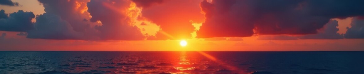 Obraz premium Sun dips below horizon, ocean calm, fiery sky, horizon, orange, peaceful