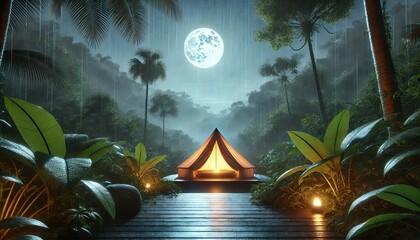 Calming Tent Scene in Rainy Tropical Forest - Generative AI