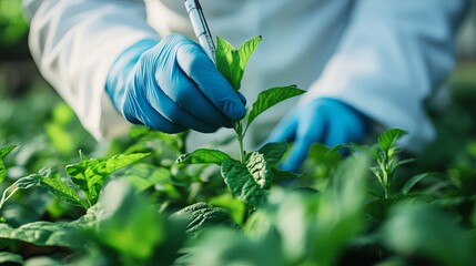 Gloved hands carefully examining vibrant green plant seedlings in a lush botanical garden setting