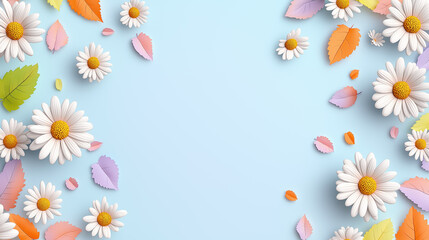 Daisy floral arrangement with colorful leaves on light background