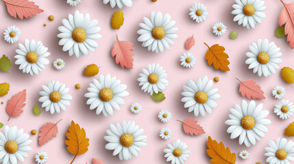 Obraz premium Floral arrangement with daisies and autumn leaves on pink background