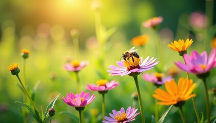 Vibrant wildflowers, buzzing bees, summer meadow, countryside, blossom