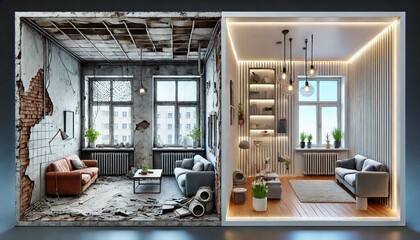 Apartment Room Before and After Restoration - Generative AI