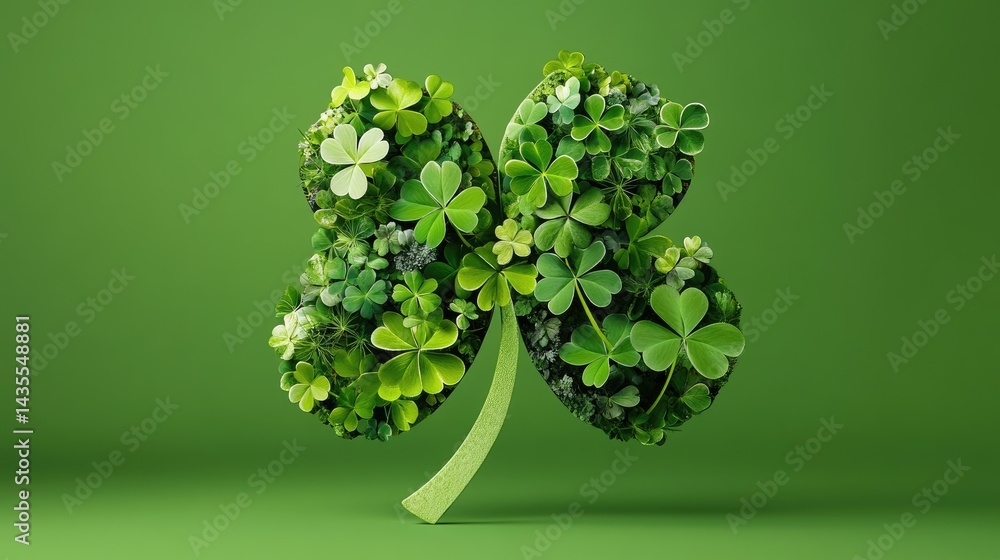 Poster Creative green composition with large shamrock shape made of assorted shamrocks in varying shades