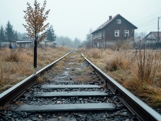 Fototapeta premium Overgrown railway tracks lead to a distant, foggy house in a desolate landscape