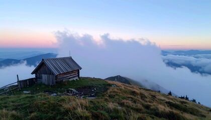 A foggy mountain peak with a rustic wooden shelter standing alone, surrounded by clouds swirling at dawn. 