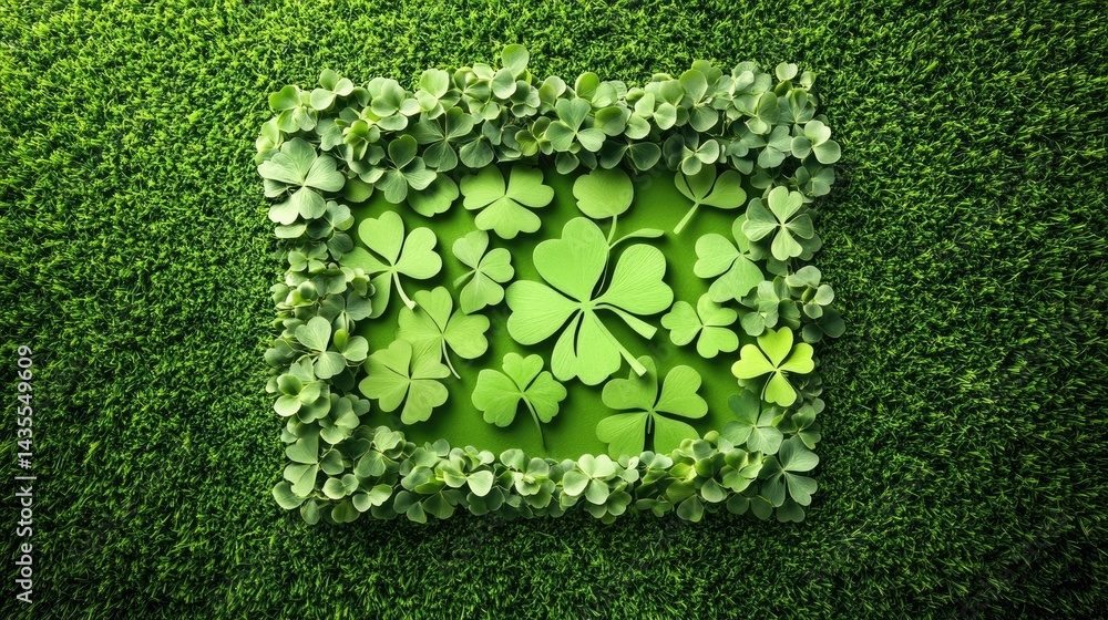 Poster flat lay of decorative shamrocks forming a bold cutout shape against grassy green backdrop