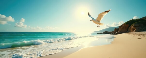 Fototapeta premium Sun-drenched beach, ethereal bird in flight, inspiring scene , freedom, creative, metaphor