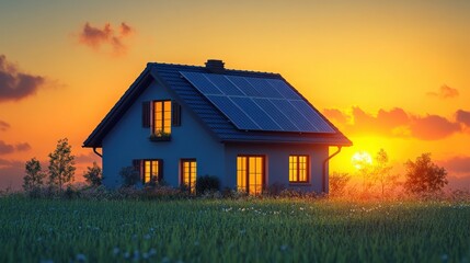 Obraz premium A serene sunset view of a modern house with solar panels amidst a lush green field