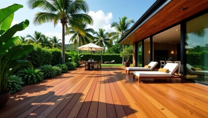 Fototapeta premium Modern home's ipe wood deck, tropical hardwood, low angle , wooden patio, tropical