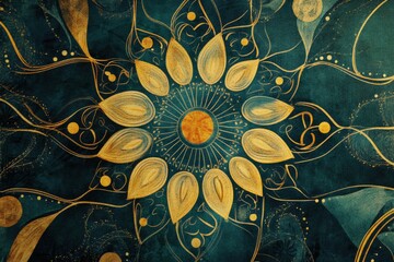 Intricate mandala design with gold petals on a teal background, creating a mystical and spiritual aesthetic.