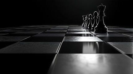 Strategic chess pieces arranged on a polished  board.