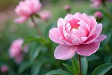 Fototapeta premium Pastel pink peony blossoms, soft focus background , peaceful, pastel, photography