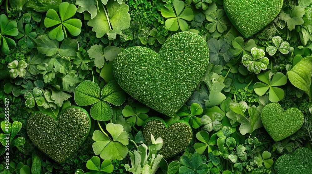 Poster Green-themed image with layered shamrock design in heart patterns and glittery details