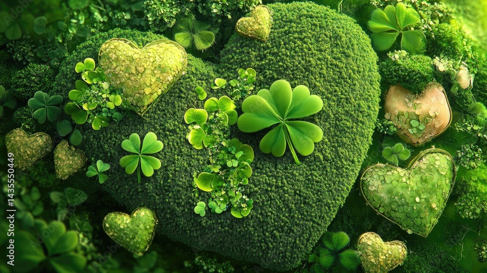 Poster Green-themed image with layered shamrock design in heart patterns and glittery details