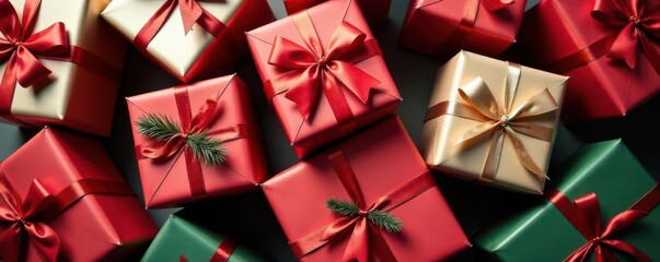 Pile of diverse wrapped Christmas presents, close-up overhead, holiday season, group