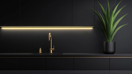 Modern, minimalist kitchen with dark cabinetry, gold accents, and a touch of greenery