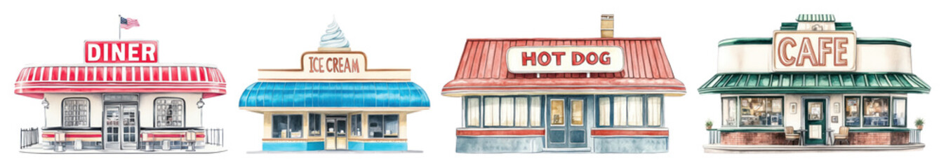 PNG Retro eateries with vintage charm, element set on transparent background