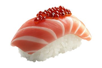 Salmon nigiri sushi with bright red roe, isolated on white transparent background, concept of traditional Japanese cuisine