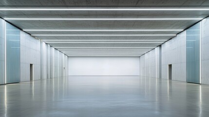 Obraz premium A long, empty room with a high ceiling and white walls.