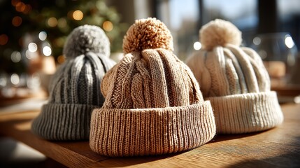 Obraz premium Cozy Winter Scene with Beige and White Knitted Hats on Wooden Table with Warm Light from the Window