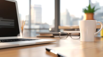 Modern Workspace Laptop, Coffee Mug and City View